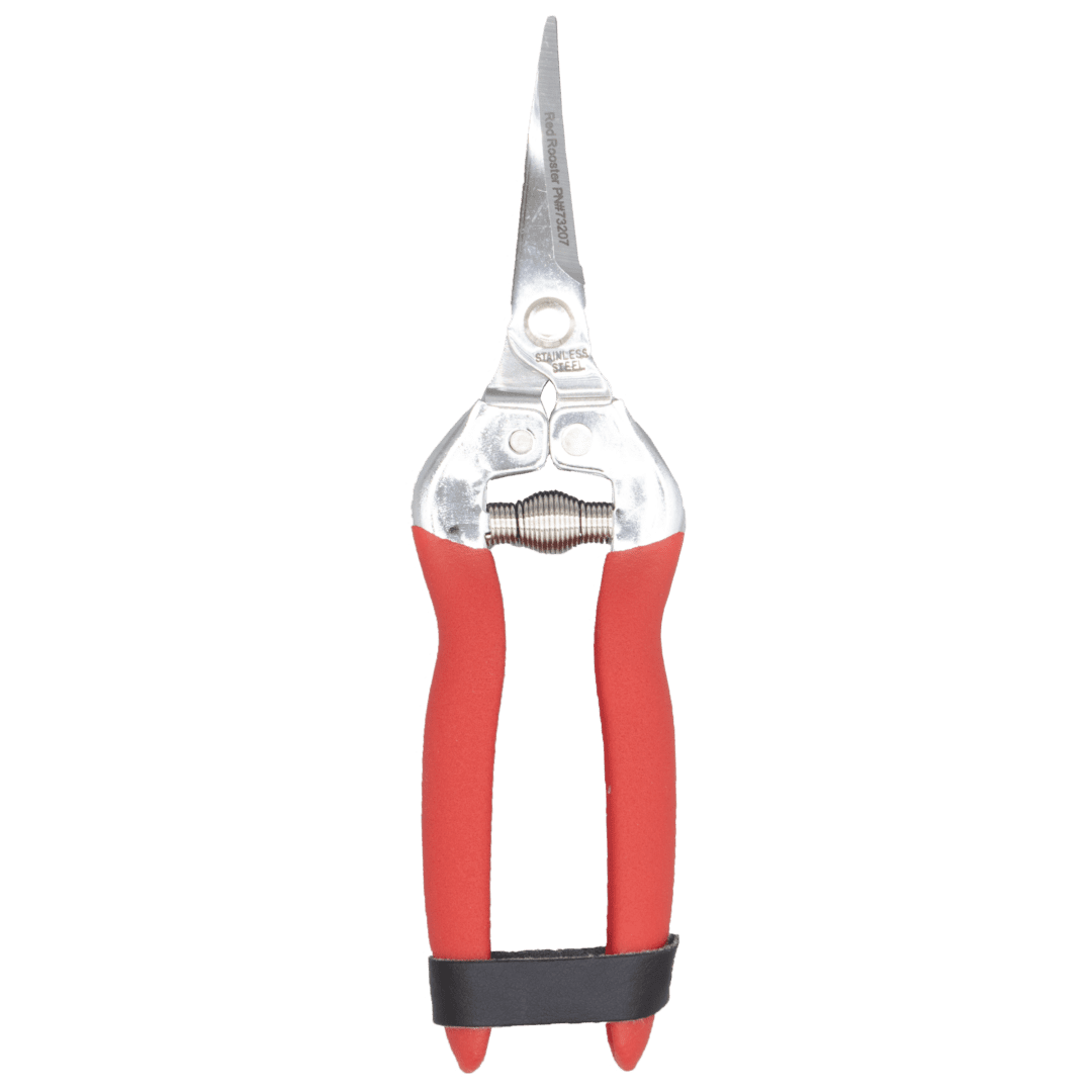 Red-handled pruning shears, stainless steel.