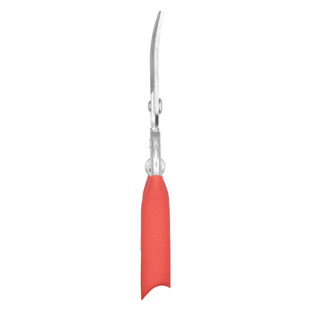 Red-handled bypass pruning shears.