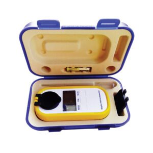 Digital refractometer in blue carrying case.