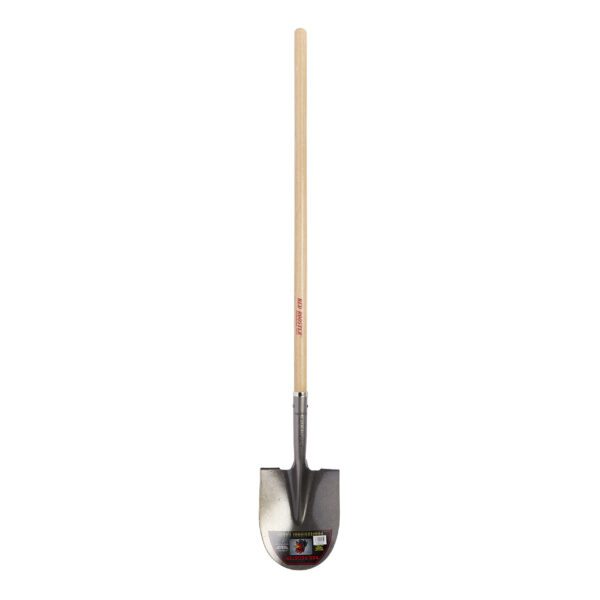 A shovel with a wooden handle on a white background.