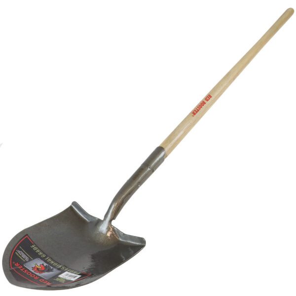 A shovel with a wooden handle on a white background.