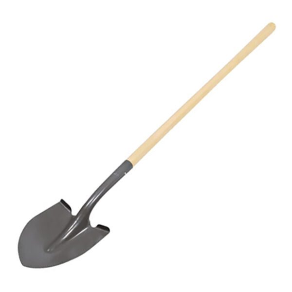 A shovel with a wooden handle on a white background.