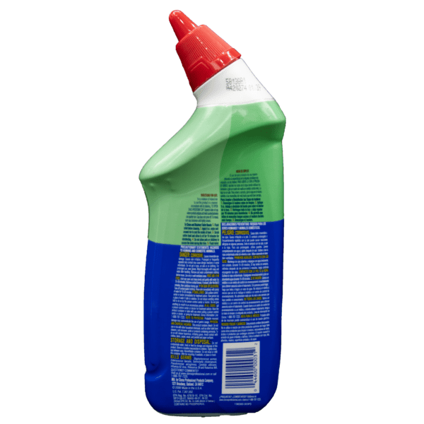 A bottle of cleaner with a green and red lid.