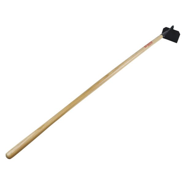 A wooden shovel with a black handle.