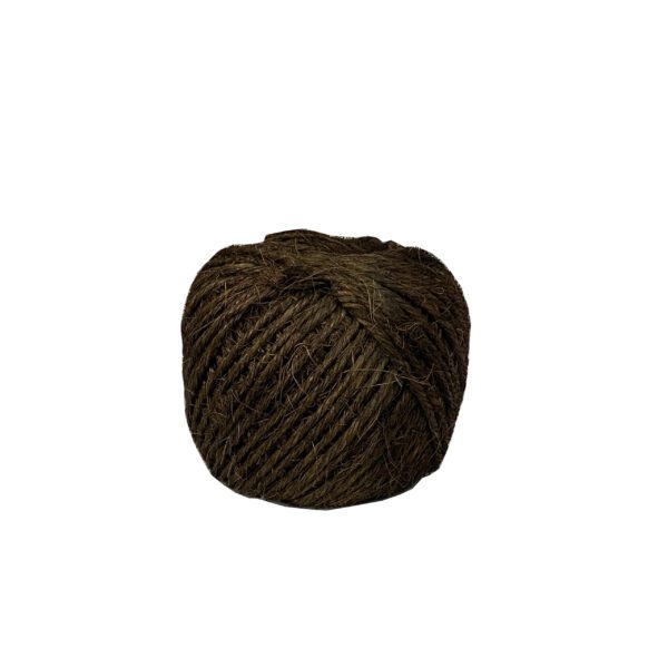 A ball of brown yarn on a white background.