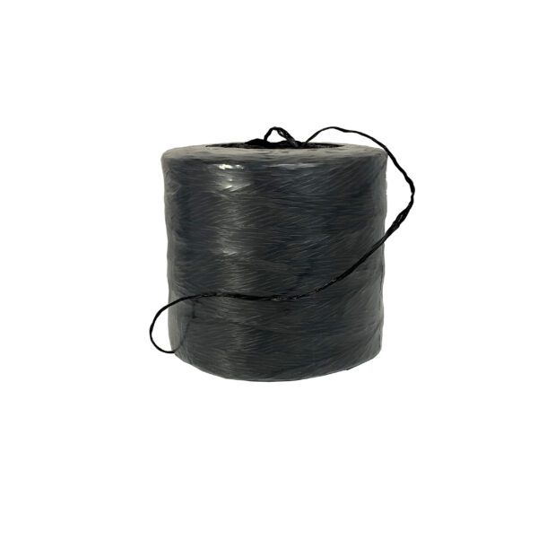 A spool of black rope on a white background.