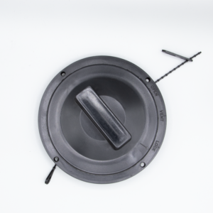 Black round vent cover with lever.