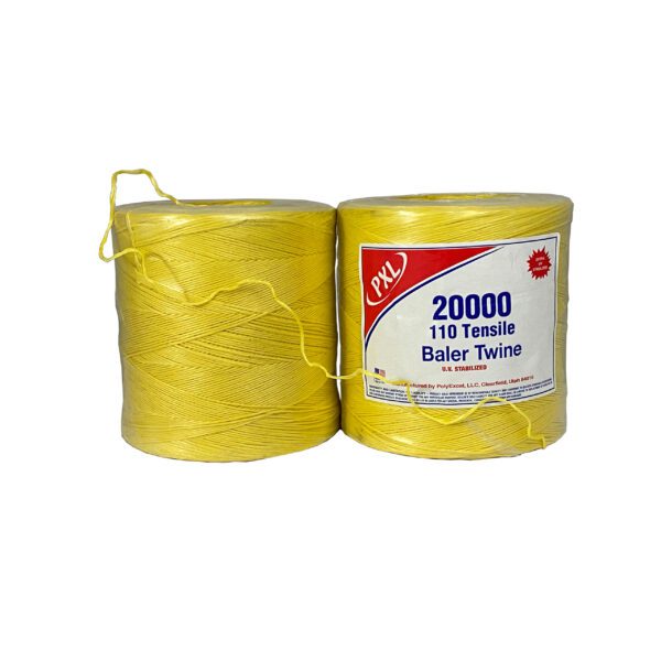 Two spools of yellow twine on a white background.