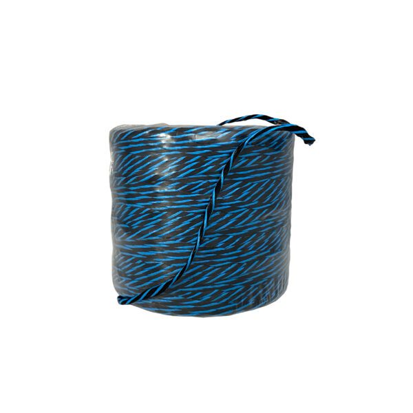 A spool of blue and black rope on a white background.