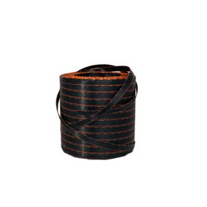 A black and orange striped belt on a white background.