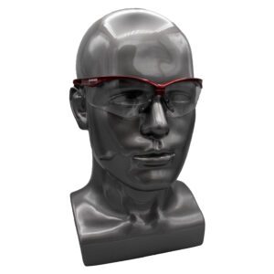 A mannequin wearing safety glasses.