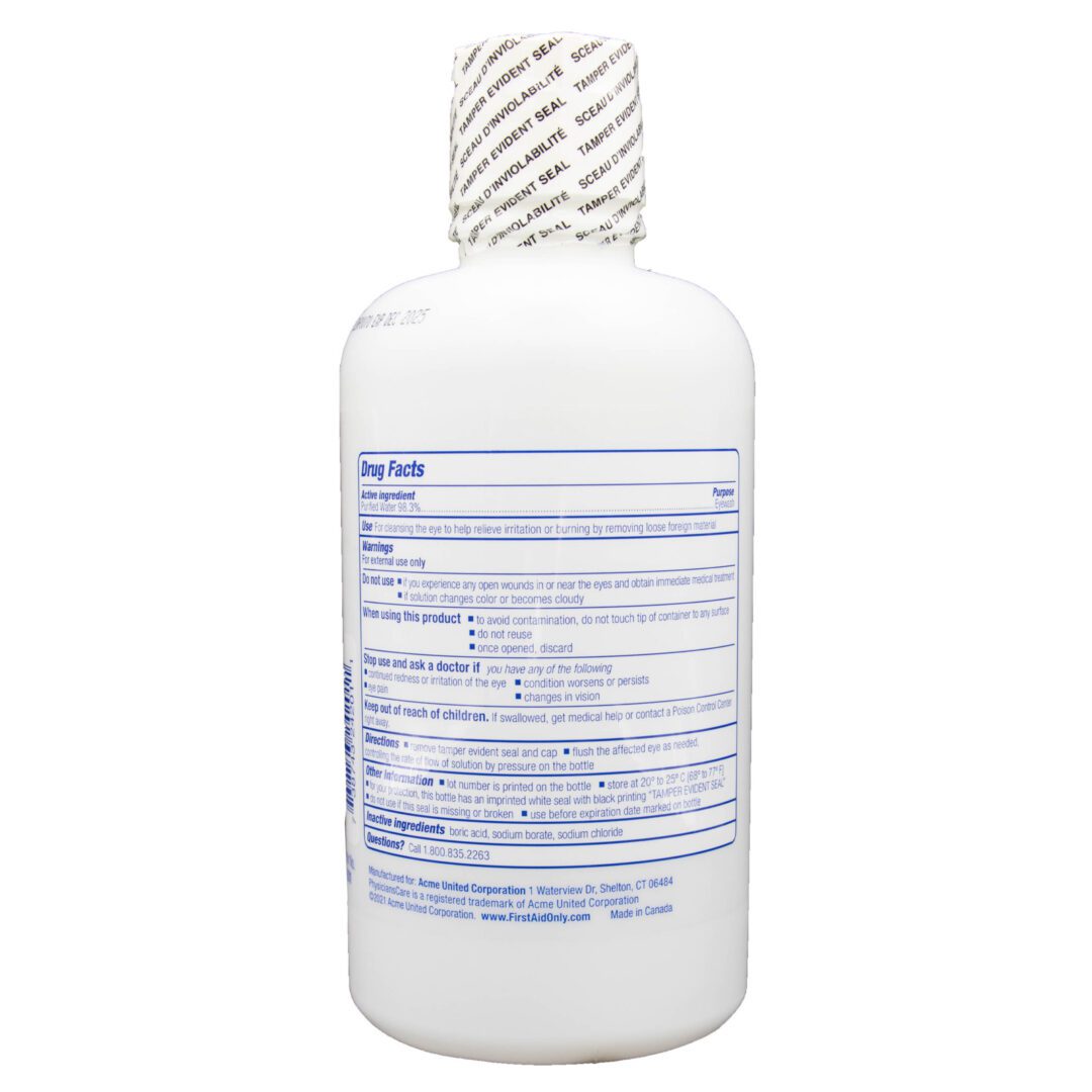 Eye wash bottle with tamper evident seal.