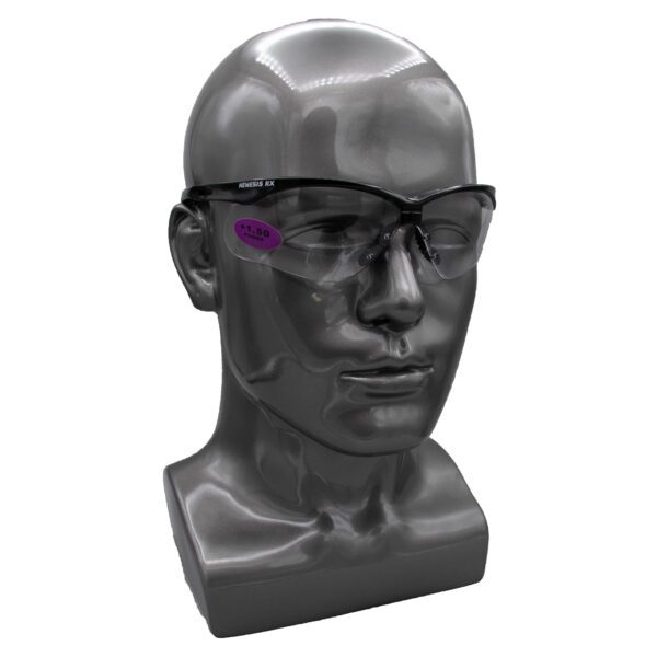 A mannequin wearing safety glasses.