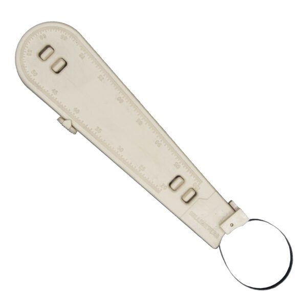 White plastic ring gauge with millimeter markings.