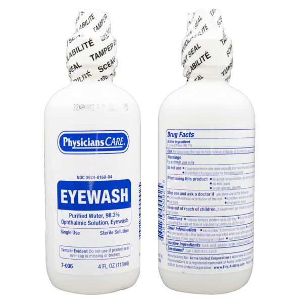 Physicians Care eye wash, single use bottle.