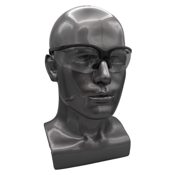 A mannequin wearing safety glasses.