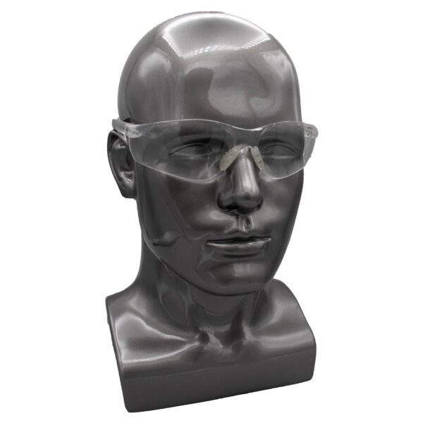 A mannequin head wearing safety glasses.