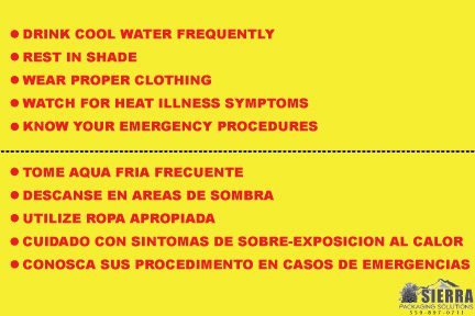 Heat safety tips in English and Spanish.