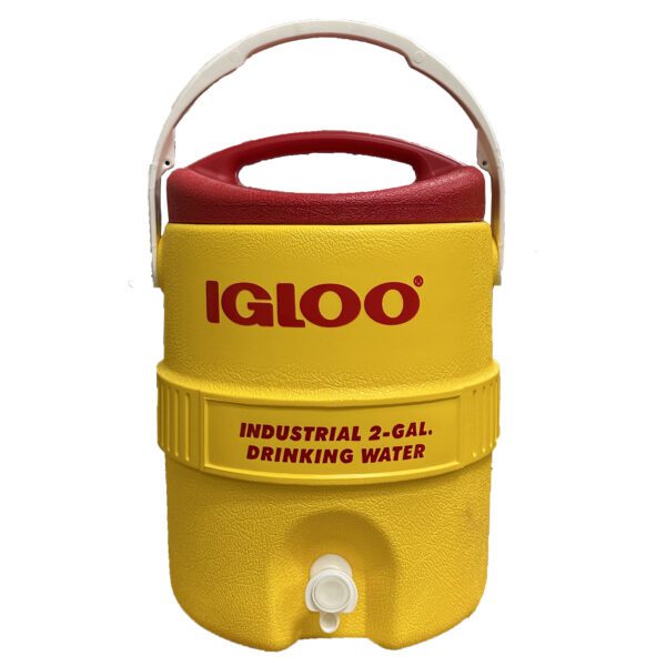 Yellow Igloo 2-gallon water cooler.