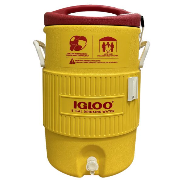 Yellow Igloo 5-gallon drinking water cooler.