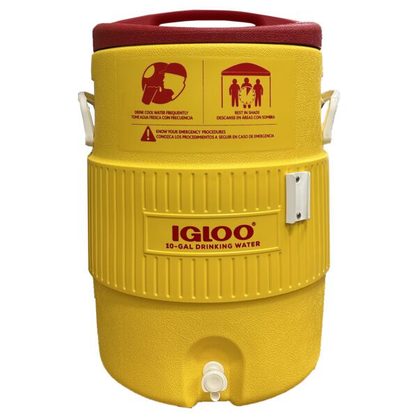 Yellow Igloo 10-gallon water cooler.