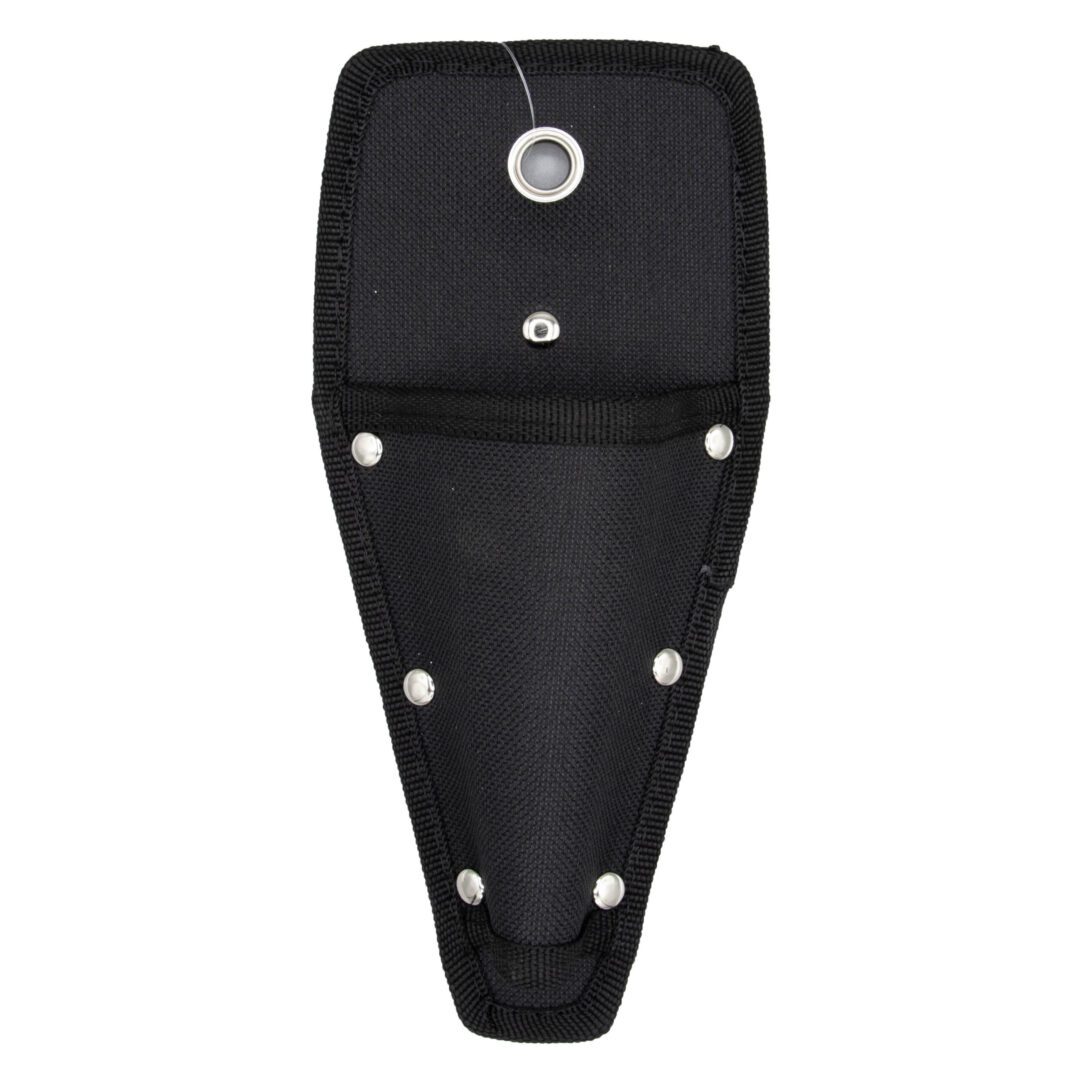 A black tool pouch with silver rivets.