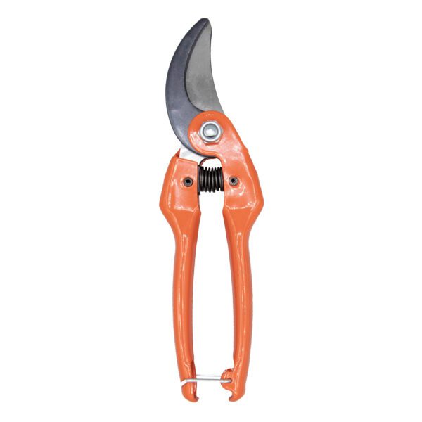 Orange pruning shears on a white background.