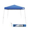 Blue canopy tent with white frame and stakes.