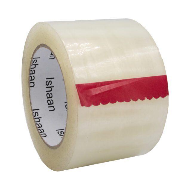 Roll of clear packing tape with red label.