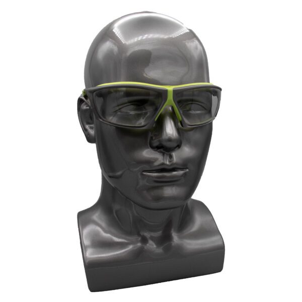 A head mannequin wearing safety glasses.