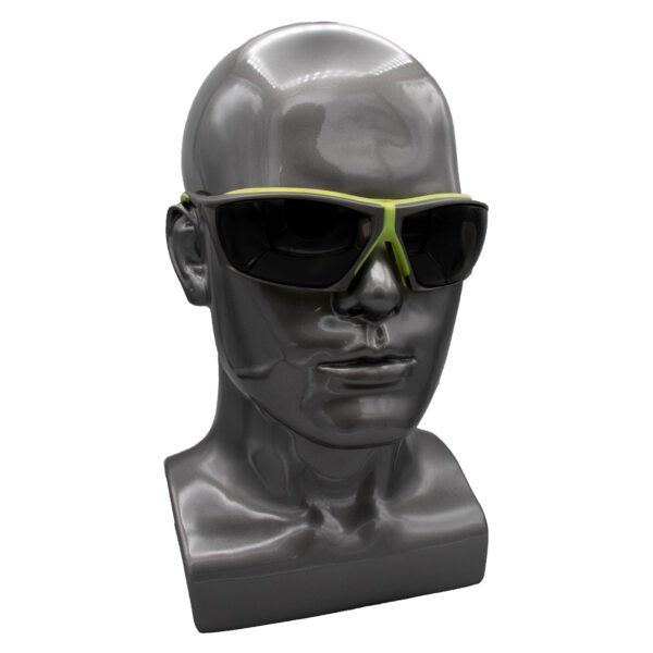 A mannequin wearing sunglasses with green lenses.