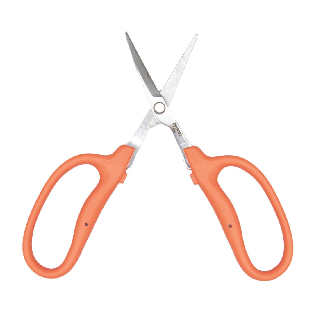 A orange scissors on a white background.
