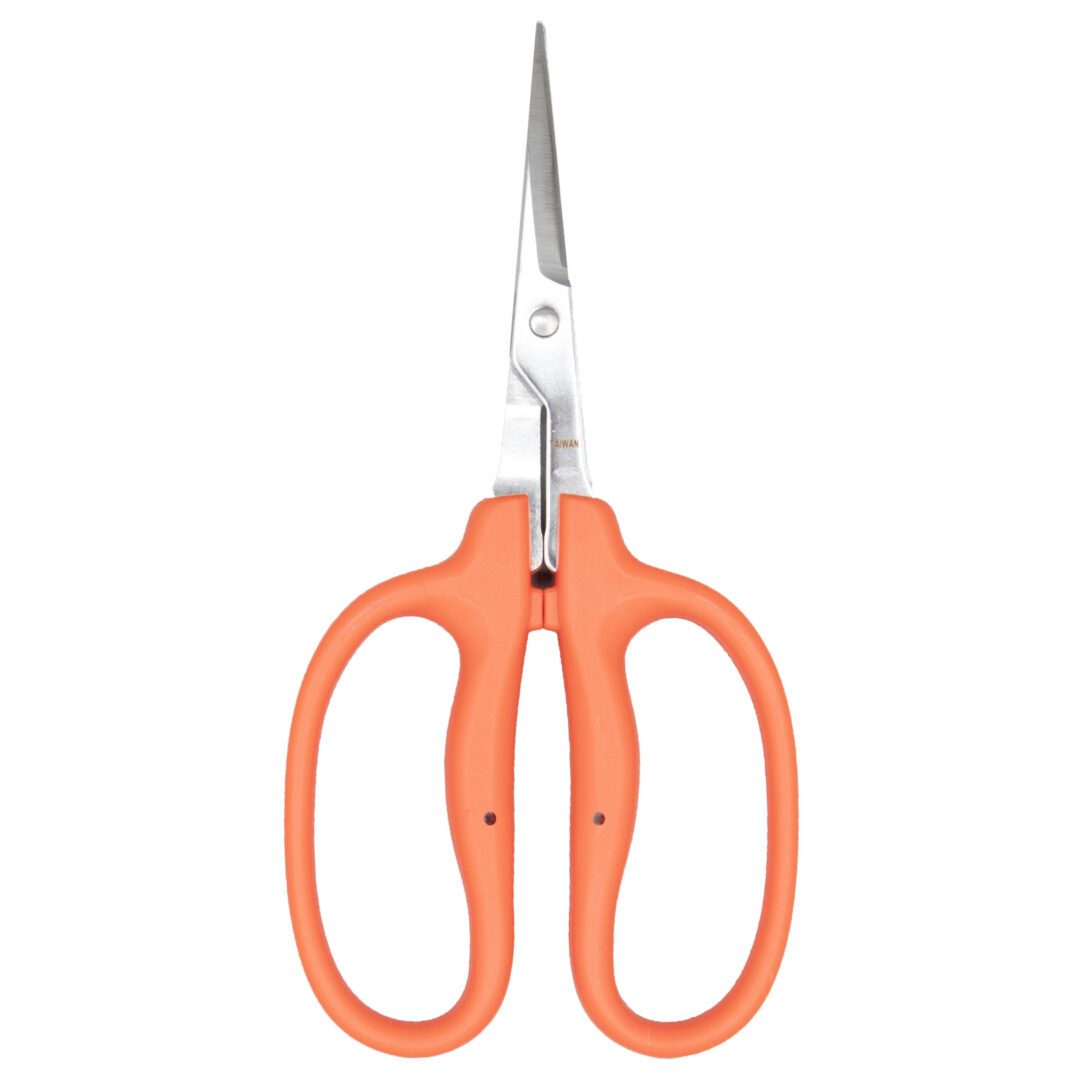 A orange scissor on a white background.