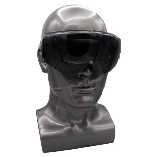 Mannequin head wearing black safety goggles.