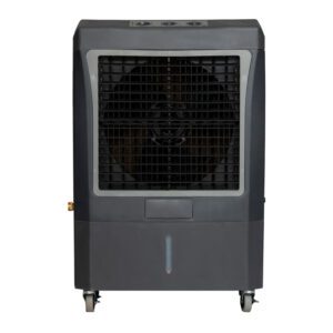 Black evaporative cooler with wheels.