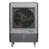 Gray evaporative cooler with fan and wheels.