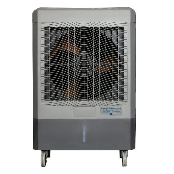 Gray evaporative cooler with fan and wheels.