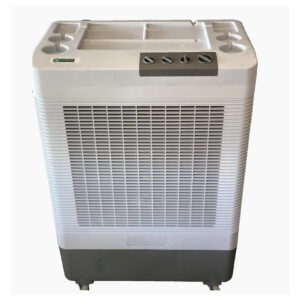 White evaporative cooler with wheels.