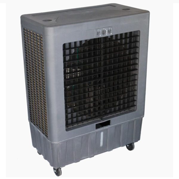 Large grey evaporative cooler with wheels.