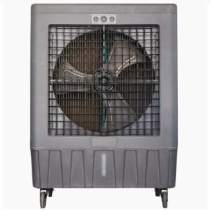 Gray evaporative cooler with fan.