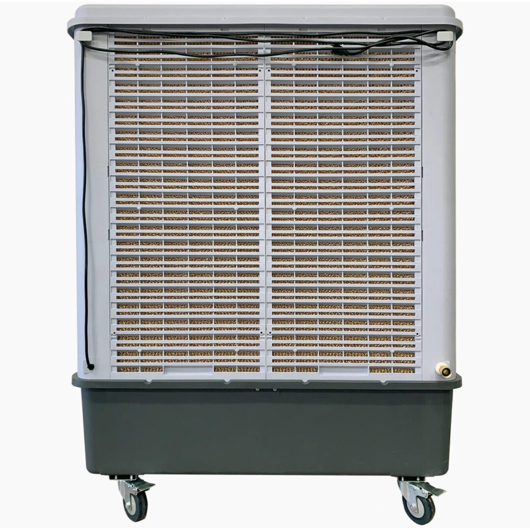 Evaporative cooler with wheels and honeycomb pads.