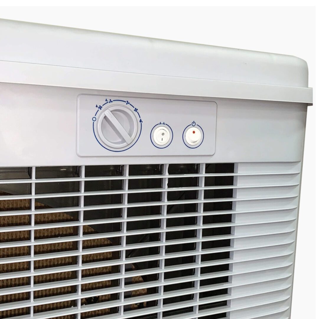 White evaporative cooler with controls.