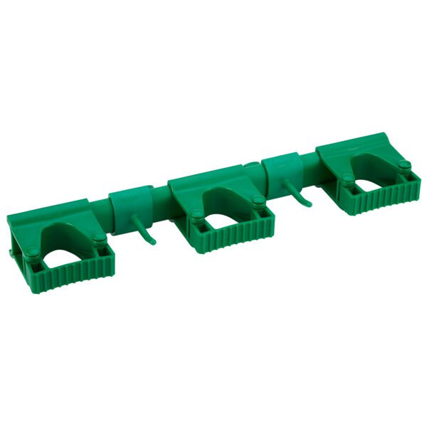 Green plastic tool holder with hooks.