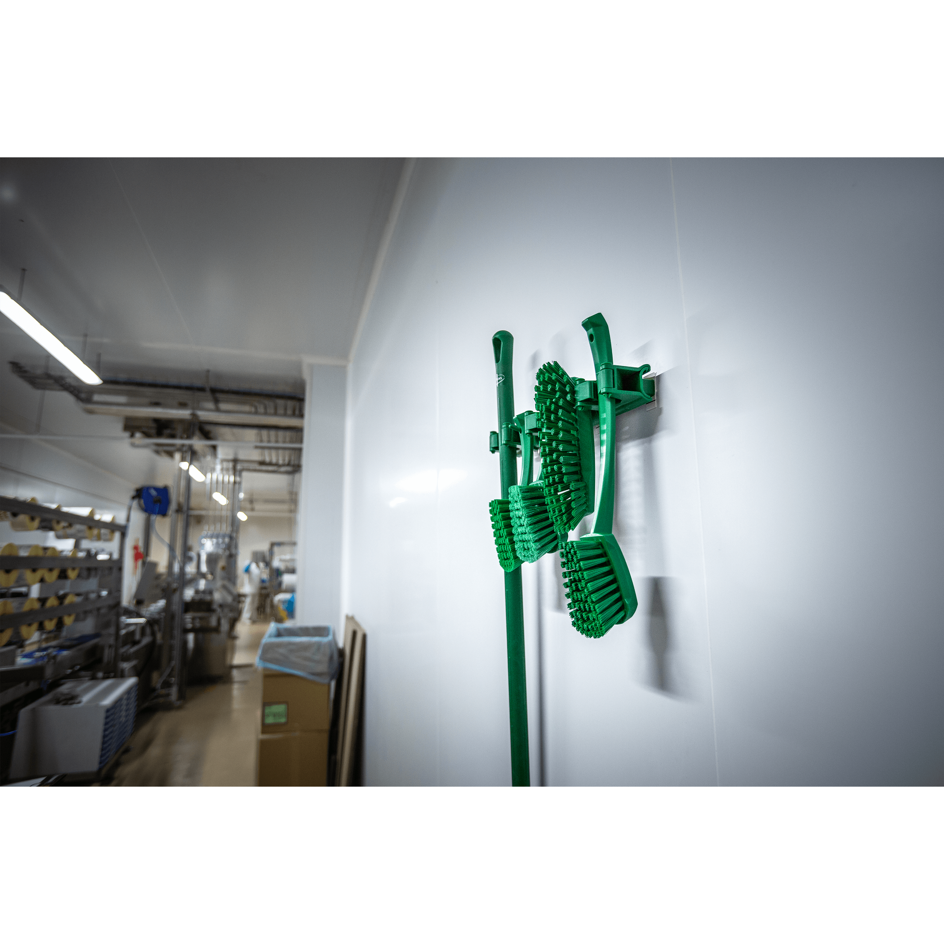 10112-3 Green cleaning brushes hanging on wall.