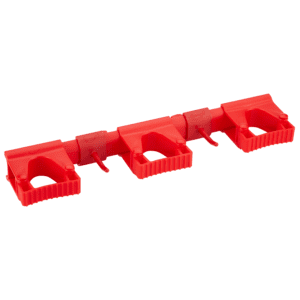 Red plastic tool holder with hooks.