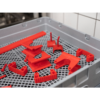 Red plastic parts in a grey tray.