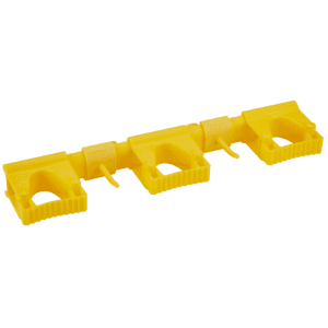 Yellow plastic triple hook hanger.