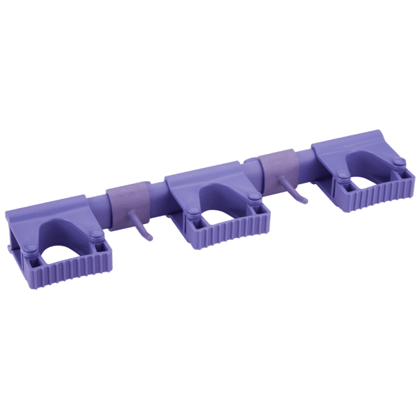 Purple plastic triple hook rack.