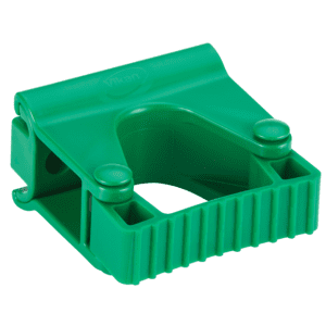 Green plastic wall mount for cleaning tools.