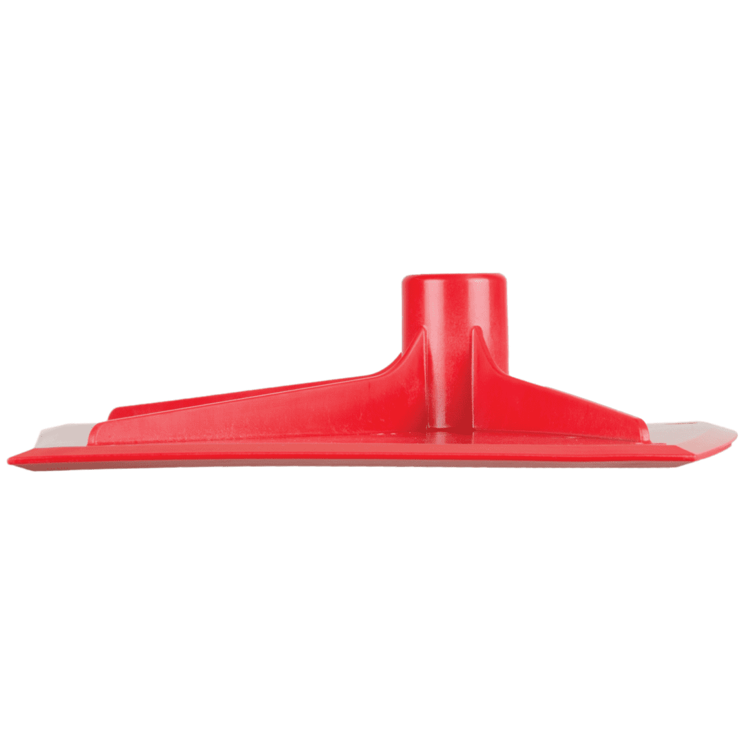 Red plastic squeegee for cleaning windows.